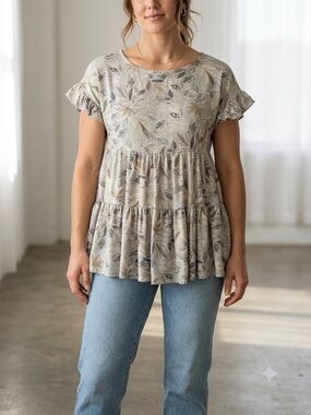 Final Touch Neutral Leaf-Print Ruffle Sleeve Tiered Tunic